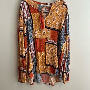 Cloth & Portrait Patchwork Boho Blouse 2XL Tassel Tie Neck
